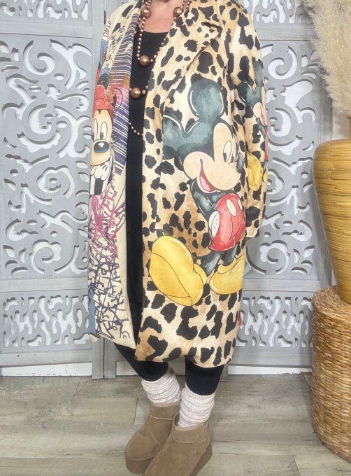 Veste longue suédine beige & multicolore Mickey Mouse Rétro Vintage Douceur ++ du 38 au 48 et même +