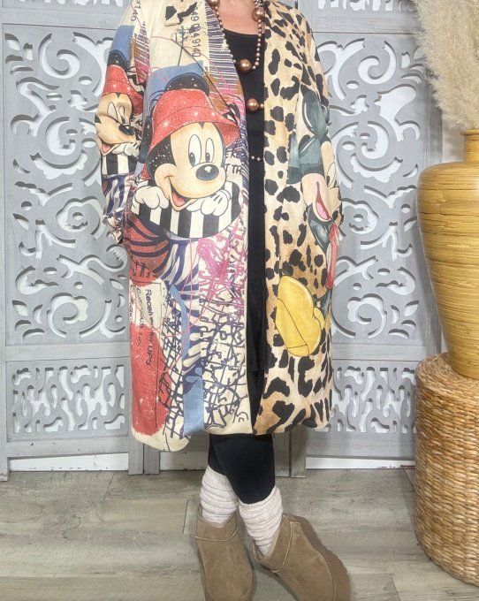 Veste longue suédine beige & multicolore Mickey Mouse Rétro Vintage Douceur ++ du 38 au 48 et même +