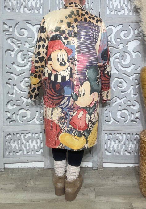 Veste longue suédine beige & multicolore Mickey Mouse Rétro Vintage Douceur ++ du 38 au 48 et même +