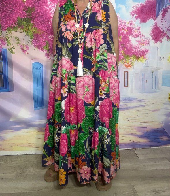 Robe trapèze longue marine Fleurs exotiques multicolores Fly Out douceur +++ du 38 au 48