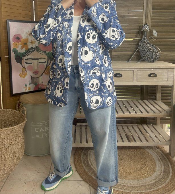 Veste blazer effet jeans délavé doublée Skulls All Over du 38 au 46/48