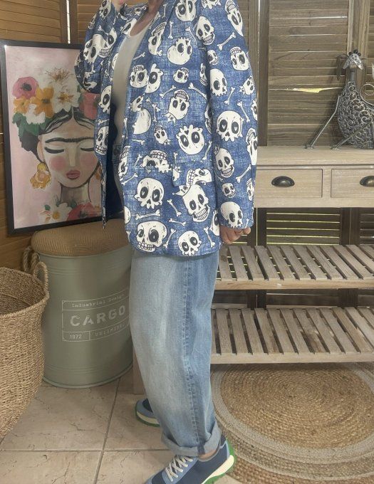 Veste blazer effet jeans délavé doublée Skulls All Over du 38 au 46/48