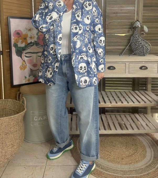 Veste blazer effet jeans délavé doublée Skulls All Over du 38 au 46/48