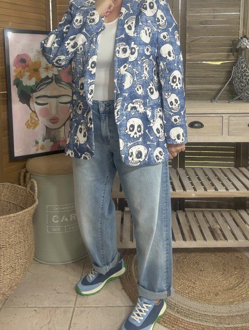 Veste blazer effet jeans délavé doublée Skulls All Over du 38 au 46/48
