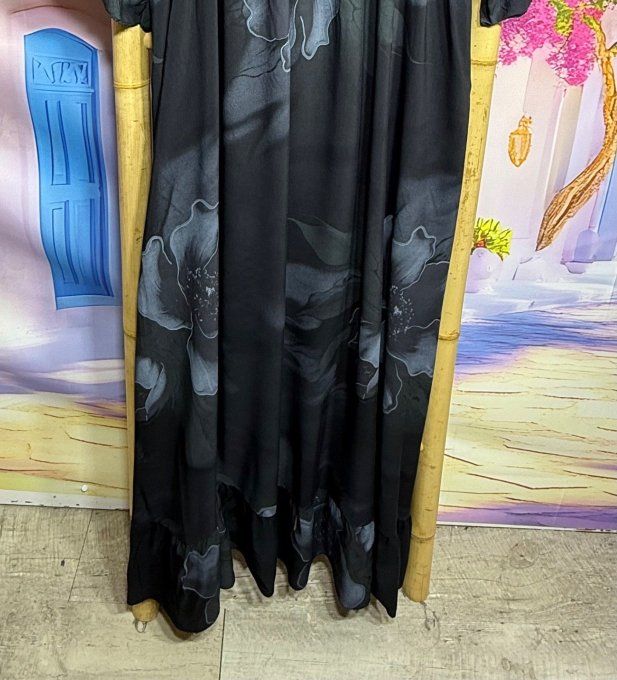 Robe trapèze longue noire Fleurs grises col élastiqué  douceur +++ du 40 au 52 